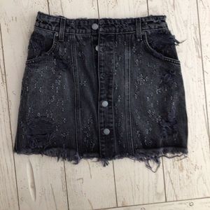 Carmar from LF. Black distressed denim skirt.